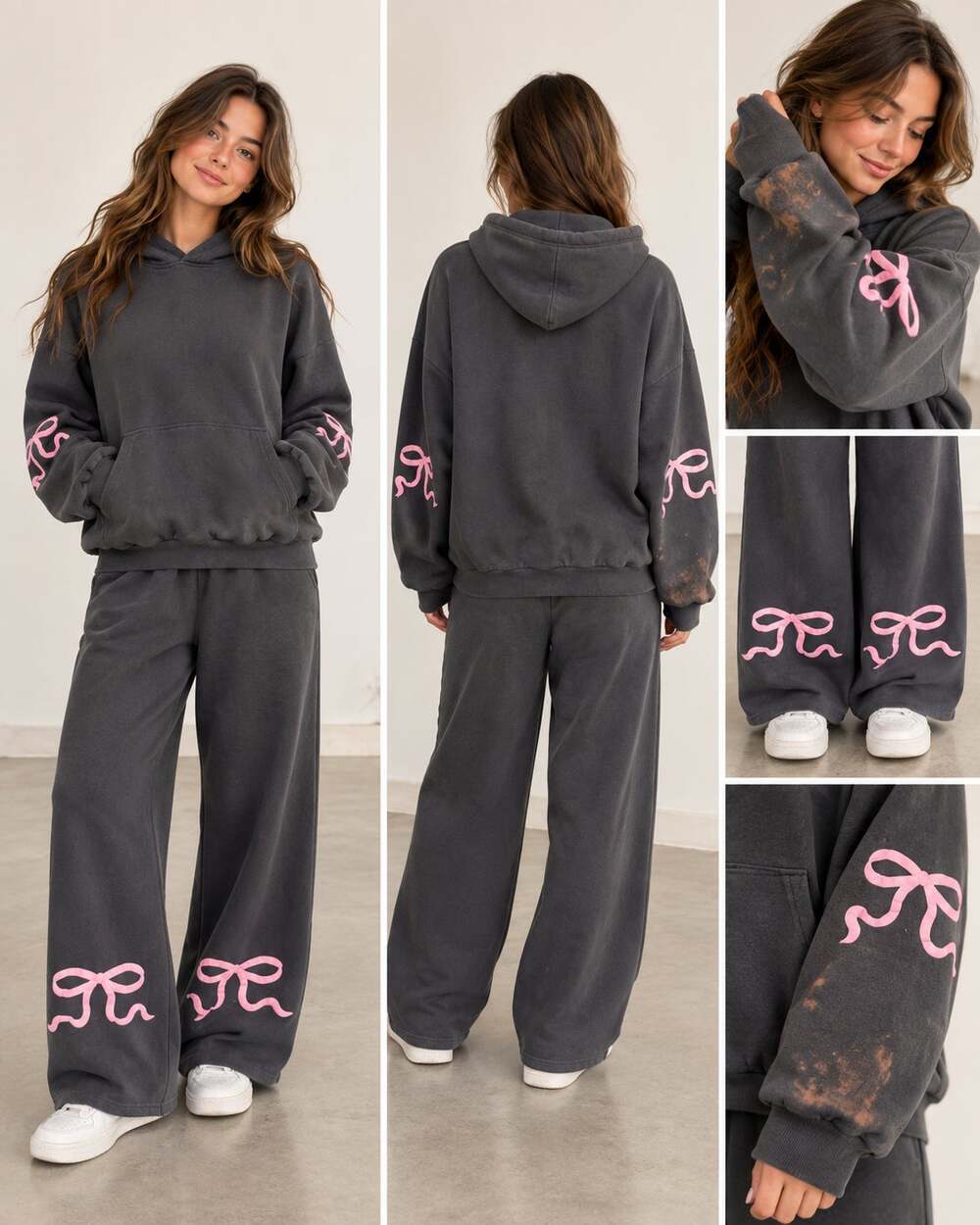 Charcoal Gray Pink Bow Wide Leg Sweatpants & Hoodie Matching Set XS/S, M